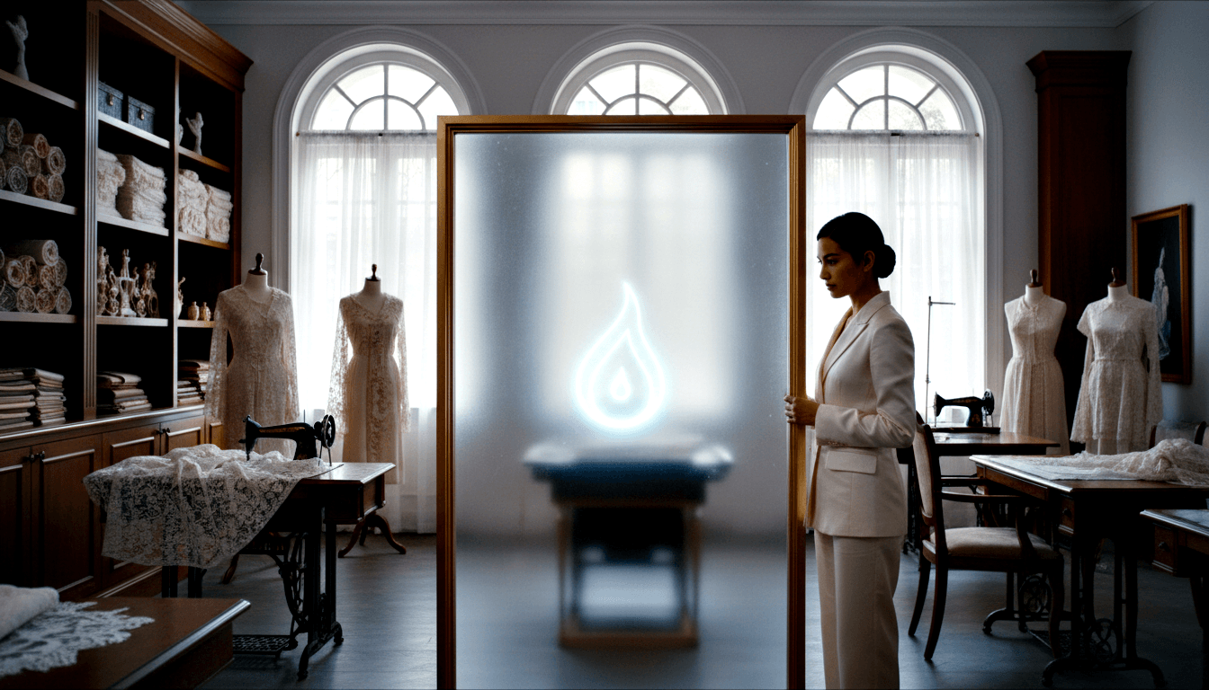 Woman in cream pantsuit beside gold-framed frosted panel with cyan droplet symbol in traditional tailoring studio.