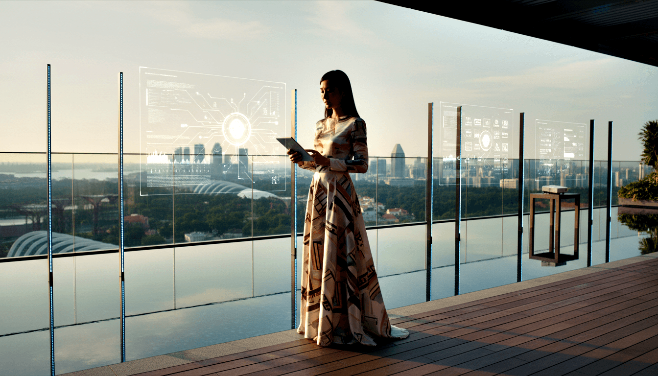 Woman in patterned floor-length gown on rooftop terrace holding tablet, with holographic data displays over glass balustrade at dusk.