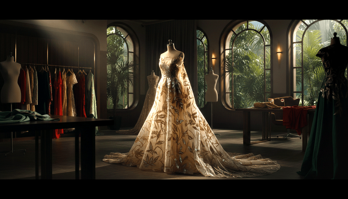 Champagne-gold botanical-embroidered A-line ball gown on mannequin in dark atelier with arched windows and tropical palms outside.