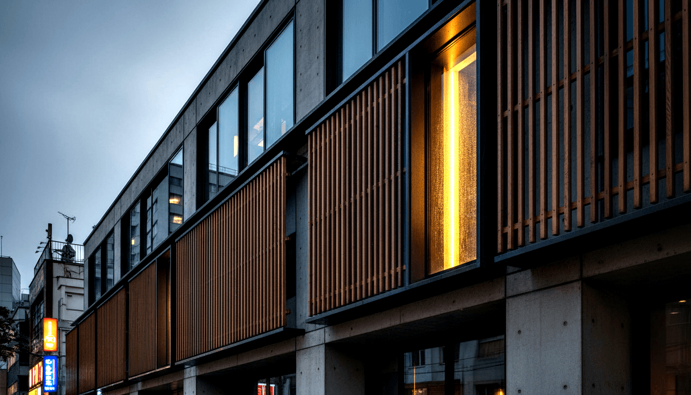 Brown vertical wood louvers in dark metal frames with amber light strip; concrete columns; silhouetted figure on rooftop against overcast sky.