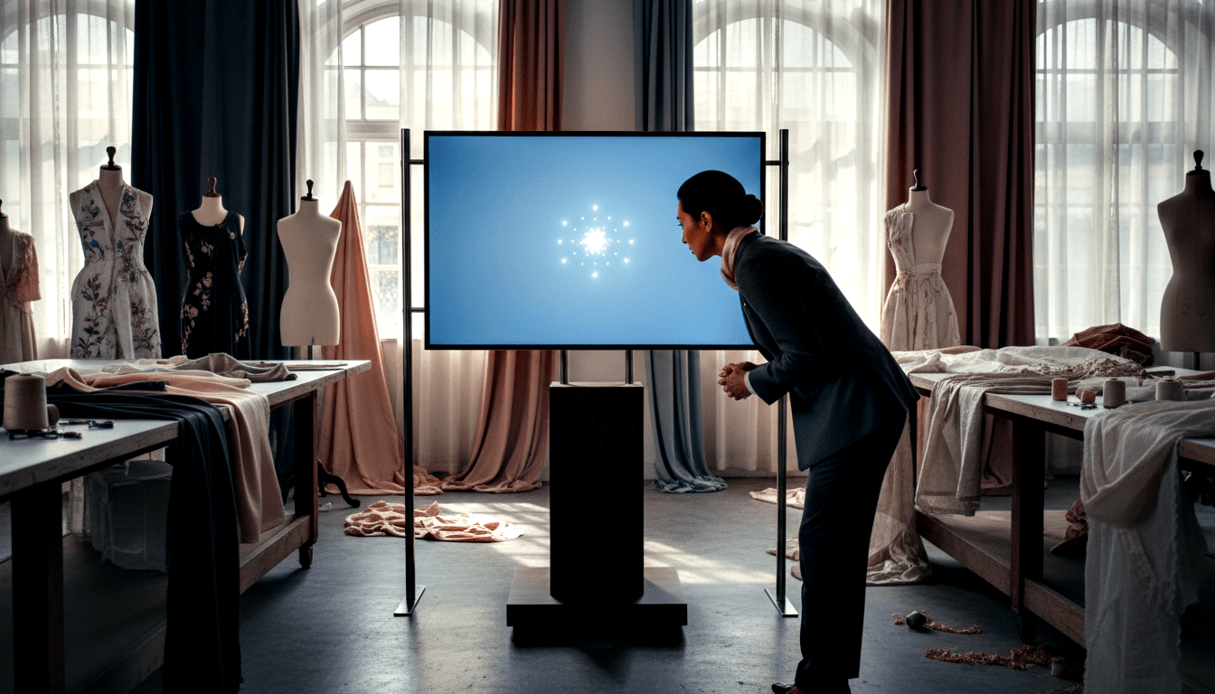 Woman in dark blazer with clasped hands leans toward a large display showing glowing particles, surrounded by mannequins and fabric worktables.