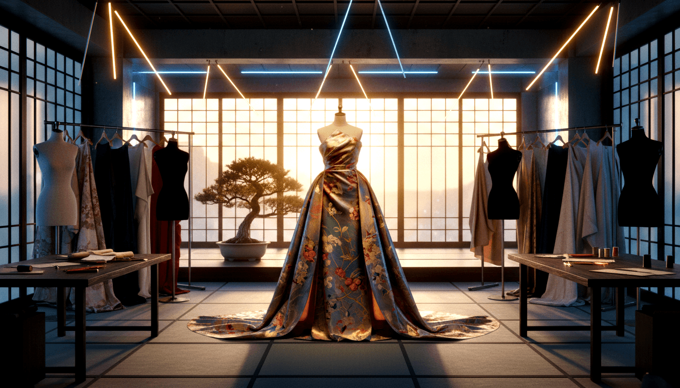 CGI fashion atelier with shoji windows, tatami flooring, and a floral brocade ball gown on a mannequin at the center vanishing point.