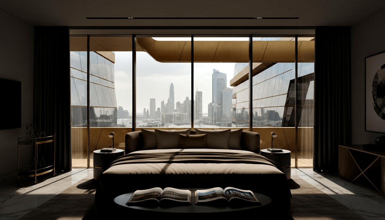 CGI high-rise bedroom with king bed, dark linen, marble floors, gold bar cart, and floor-to-ceiling glazing overlooking a dense city skyline.