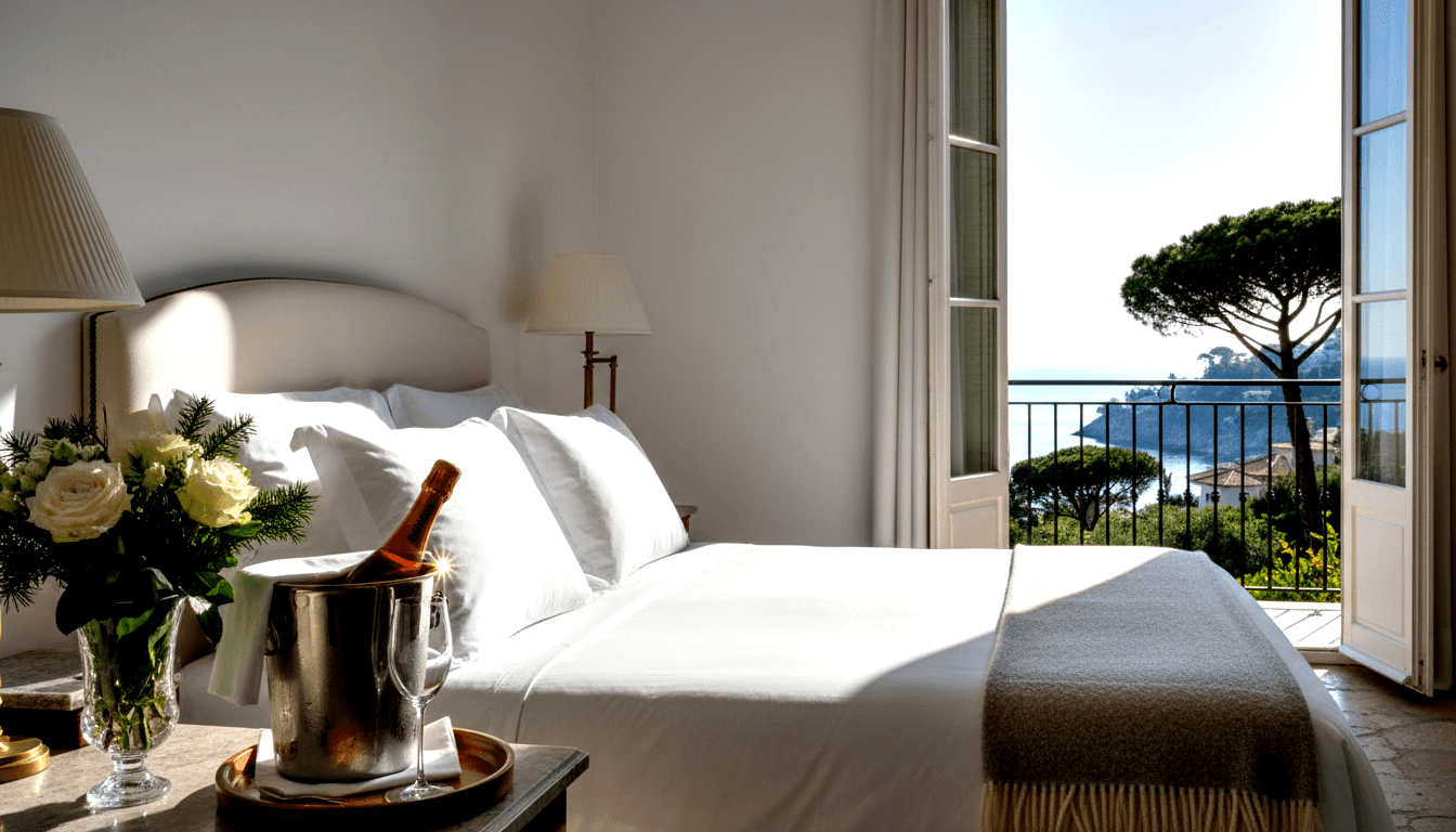 Hotel room with white-linen bed, cream lamps, silver ice bucket, white roses; open French doors reveal balcony and coastal water.
