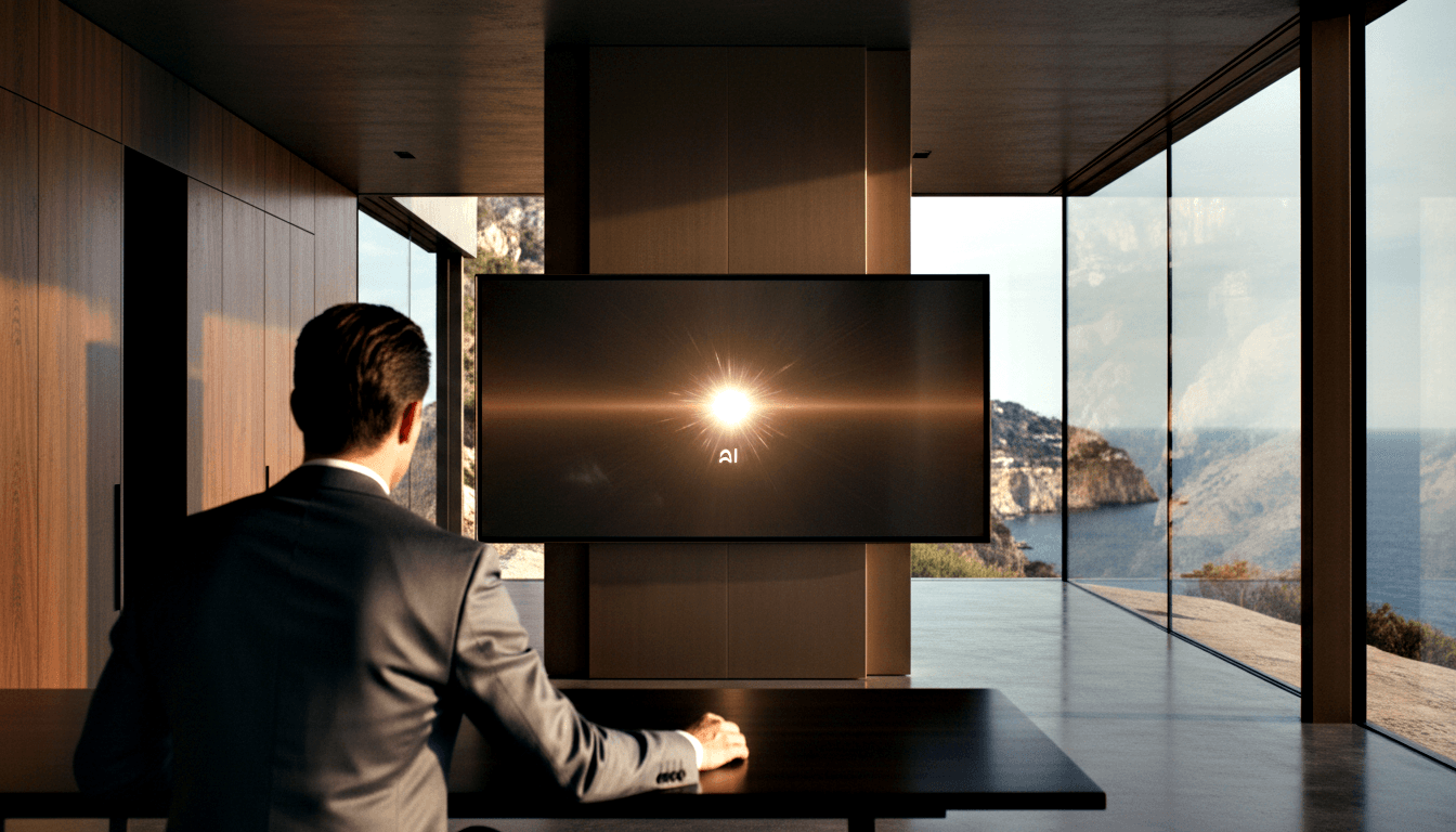 Male figure in dark grey suit sits at a near-black table facing a wall-mounted screen displaying a sunburst graphic with 'AI' beneath it.