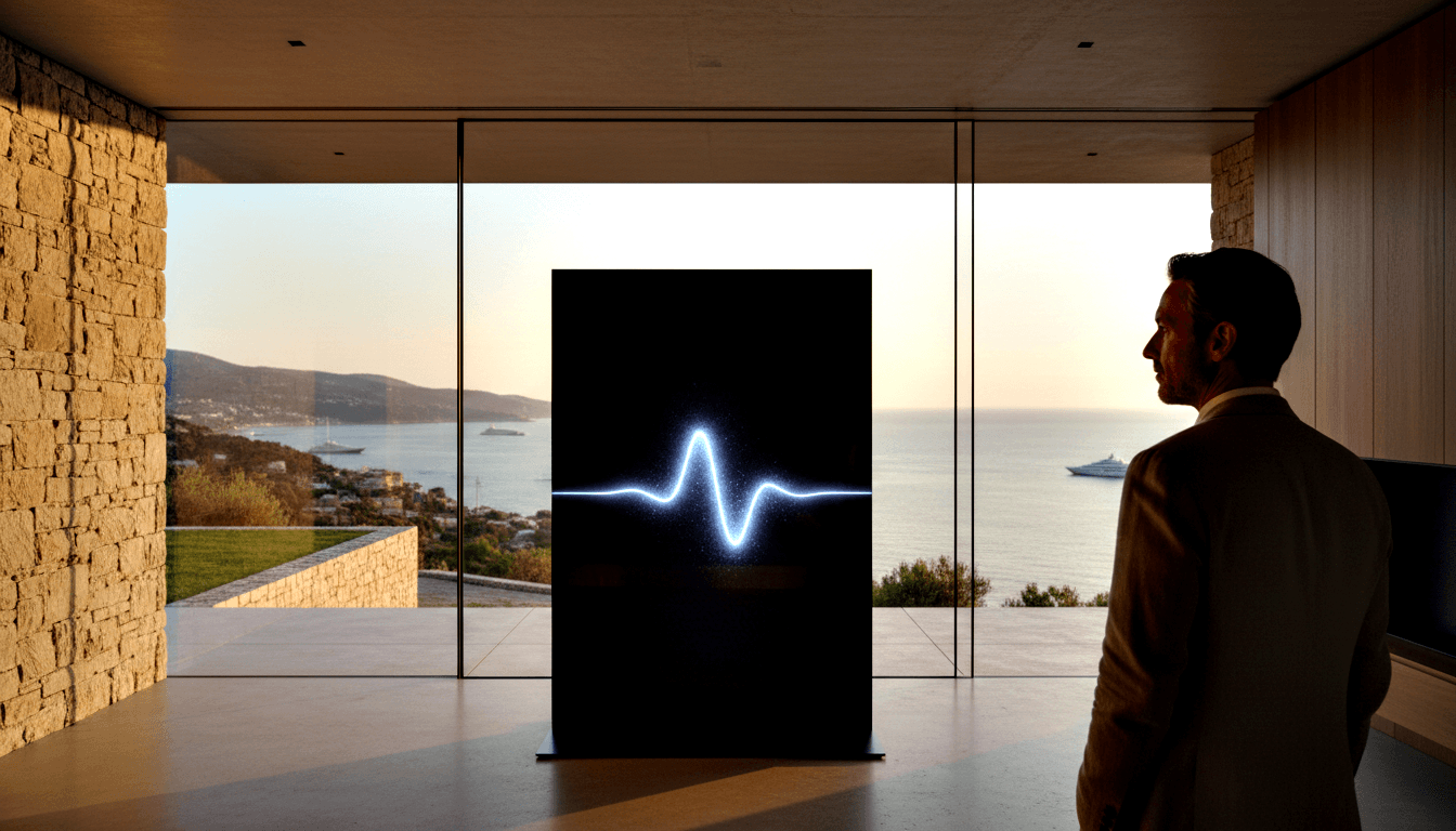 Man in tan blazer faces a large black display panel showing a glowing blue-white waveform, in a room with stone walls and coastal bay views.