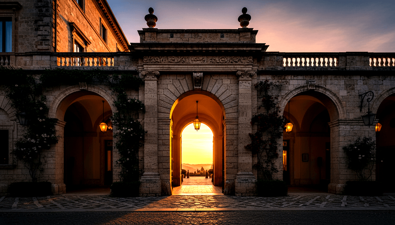Symmetrical stone colonnade: central arch flanked by two smaller ones, hanging lanterns, white-flowered vines, amber sunset flooding the passage.