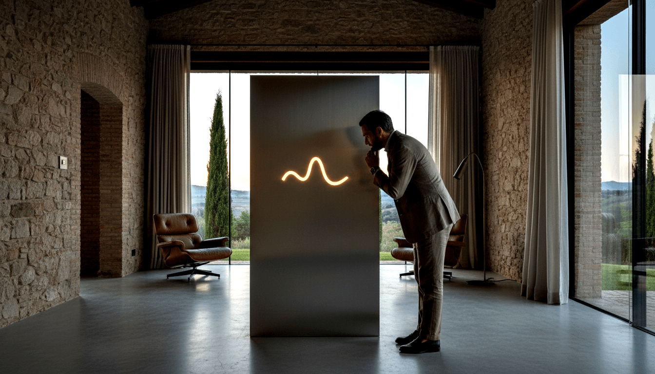 Man in grey blazer leans forward examining a tall grey monolith displaying a glowing sinusoidal wave, flanked by brown leather chairs.