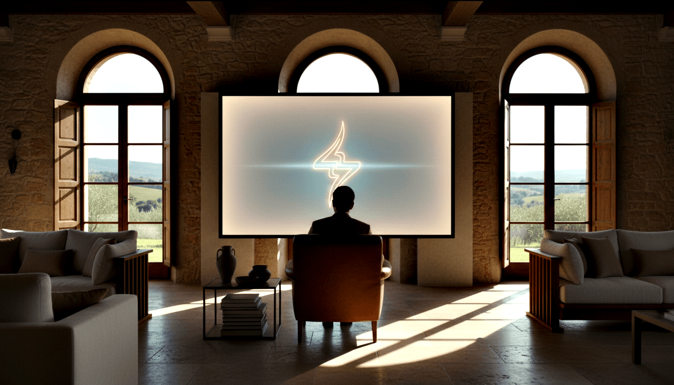 Person in dark jacket sits in cognac leather armchair facing a glowing screen with a lightning bolt symbol in a stone hall with arched doors.