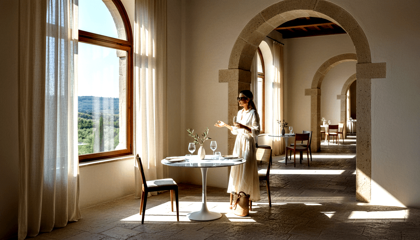 Woman in cream midi dress and sunglasses beside a marble-top pedestal table in a stone-arched dining room with tall arched windows.
