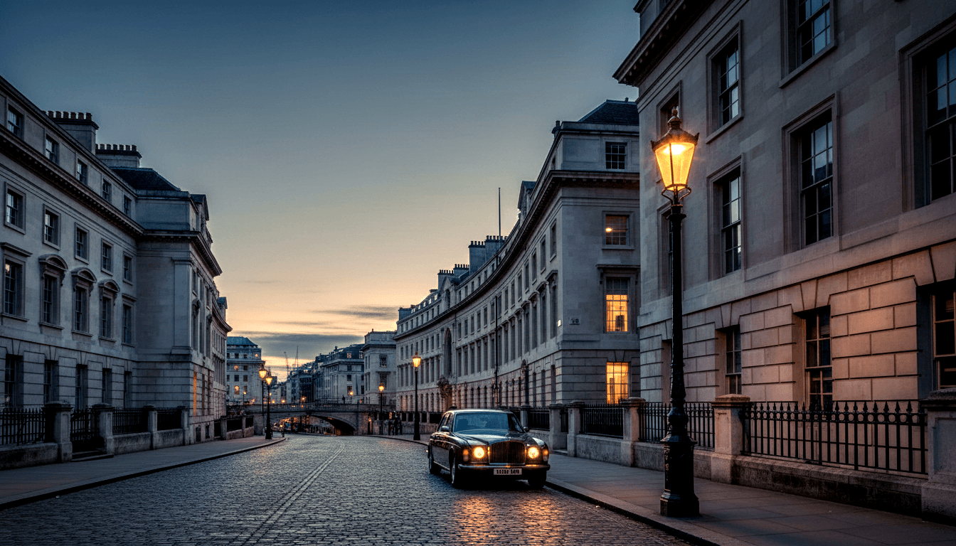 Dark vintage luxury saloon car with headlights on driving a cobblestone street lined with neoclassical stone buildings under a twilight sky.