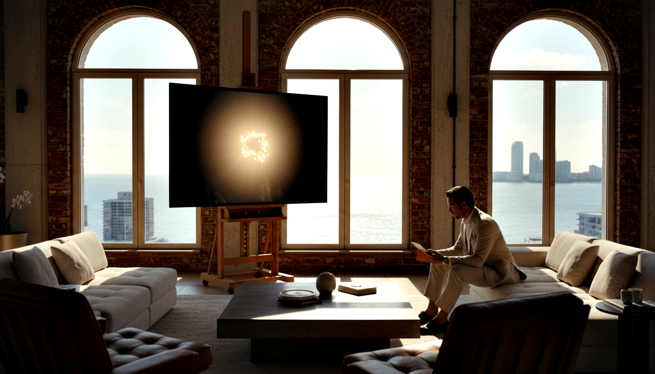 Middle-aged man in cream suit sits on sofa edge, leaning toward a display on a wooden rolling easel showing a glowing ring on dark background.