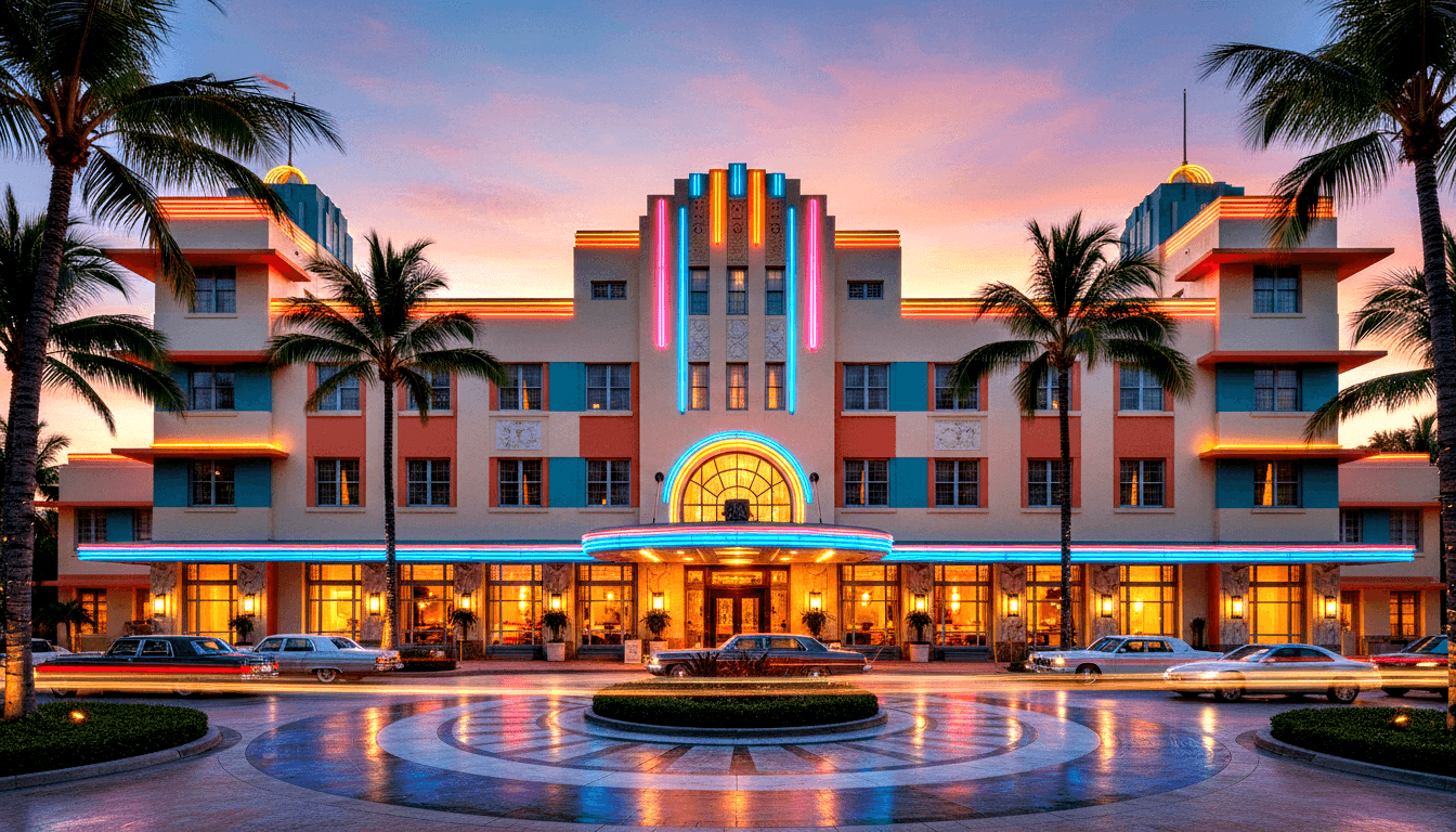 Art Deco hotel, peach-salmon tones, magenta neon tubes, teal panels, palm trees, 1950s cars on wet driveway at dusk.
