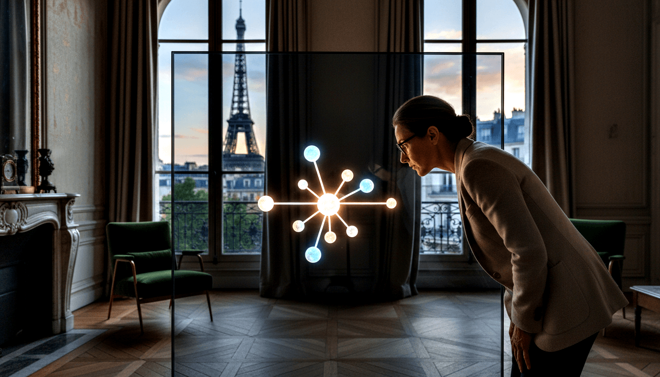 Person with glasses and hair in bun examines glowing blue-white node-and-spoke network on transparent vertical panel in ornate room.
