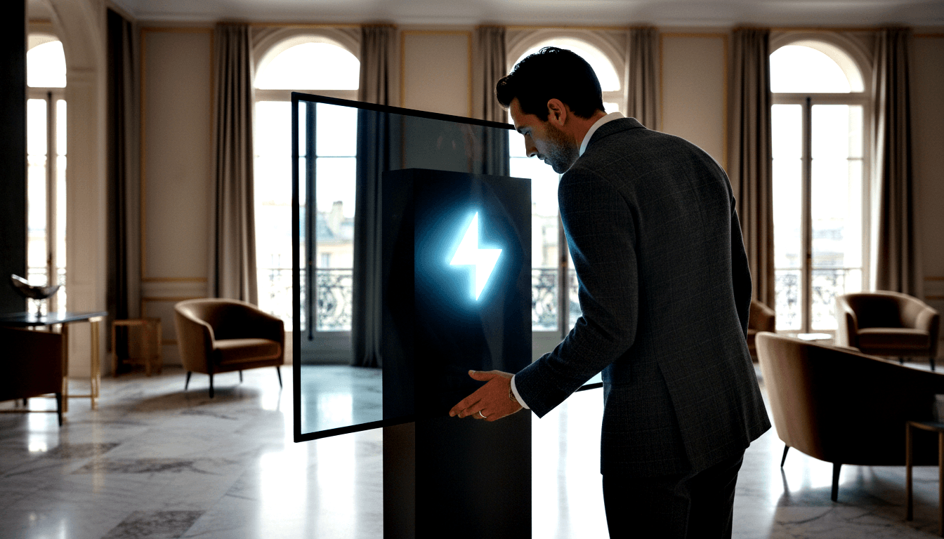 Man in dark grey suit extends hand toward a black pedestal displaying a glowing cyan-white lightning bolt symbol in an ornate interior.