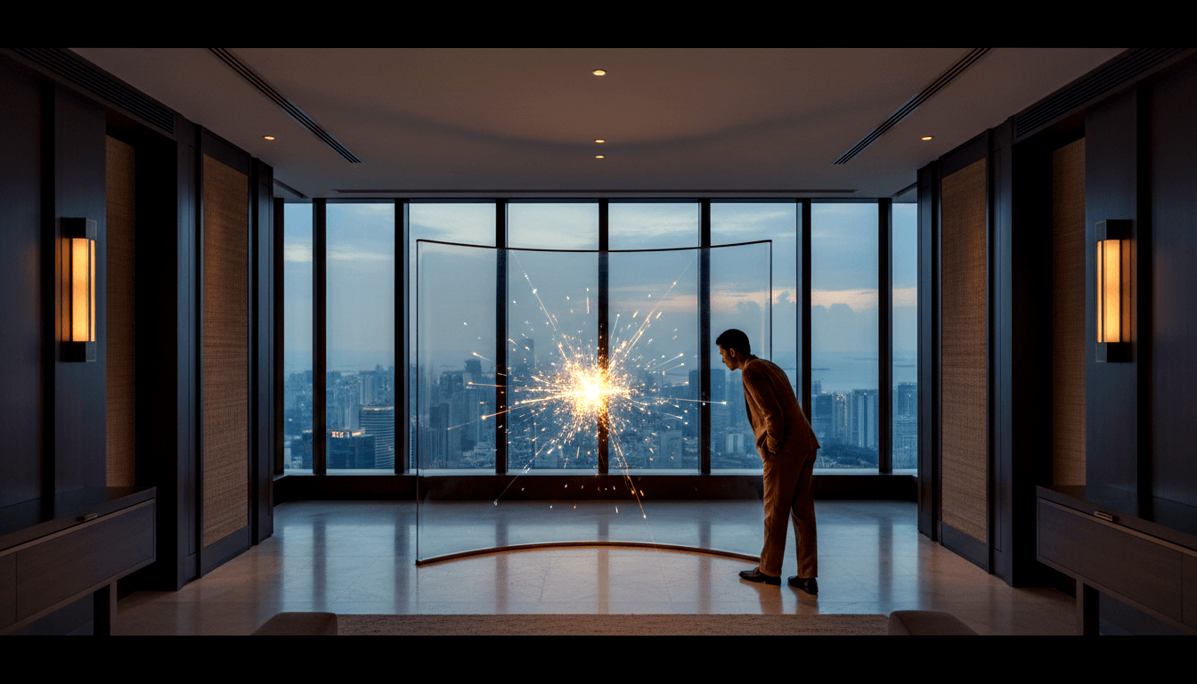 Man in tan trousers and rust-brown top leans toward floor-to-ceiling glass, watching bright amber sparks at chest height in a dimly lit interior.