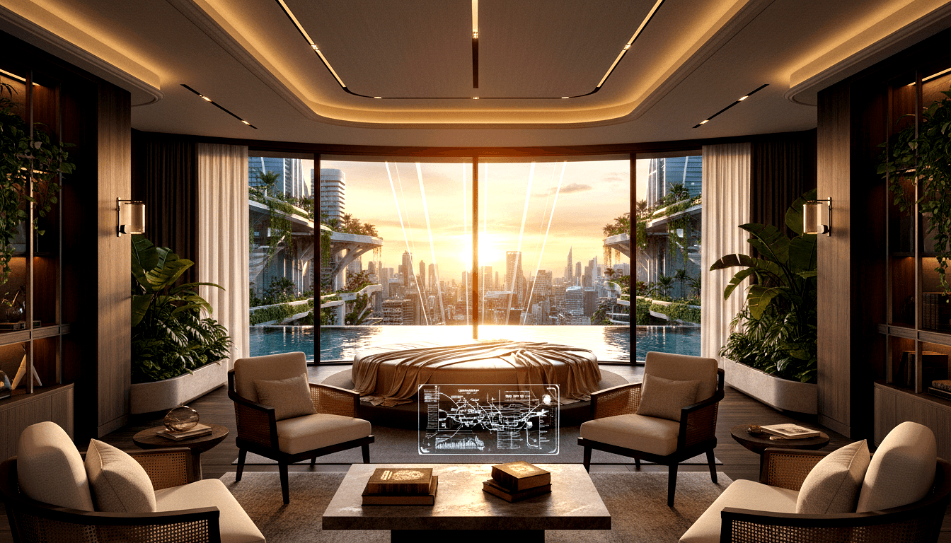 CGI high-rise interior: circular golden-bronze bed, curved panoramic windows, cream armchairs, marble table, sunset skyline.