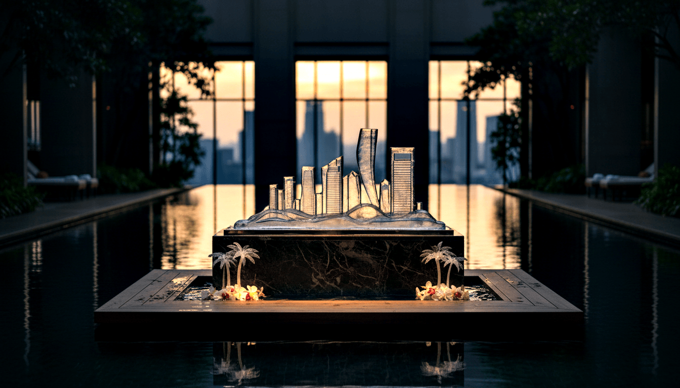 Metallic skyline sculpture on dark marble pedestal, crystal palms, orchids, twin pools; city skyline at dusk through glass.