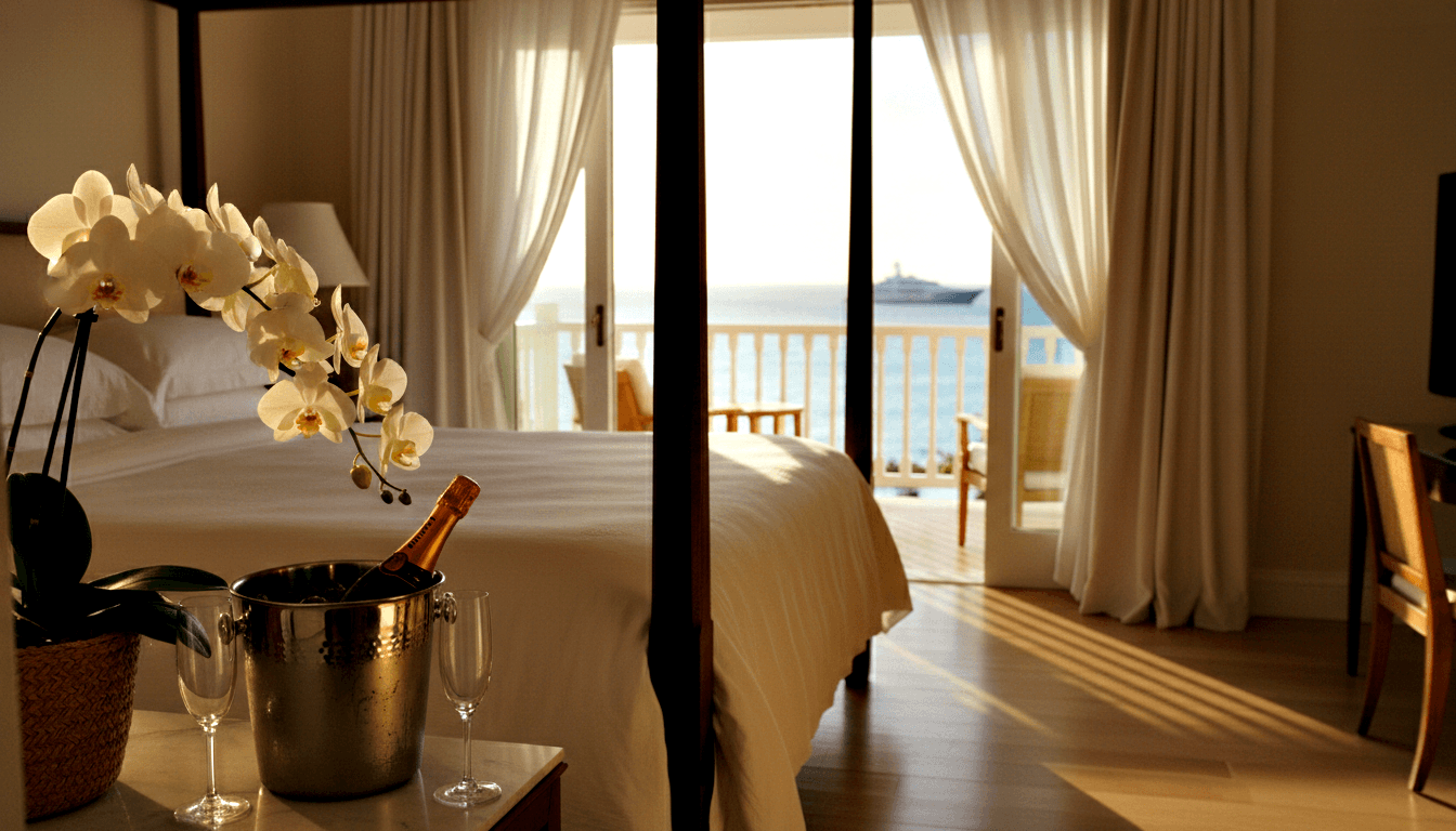 Bedroom with dark four-poster bed, open balcony doors showing ocean horizon, ice bucket with bottle and crystal flutes in foreground.