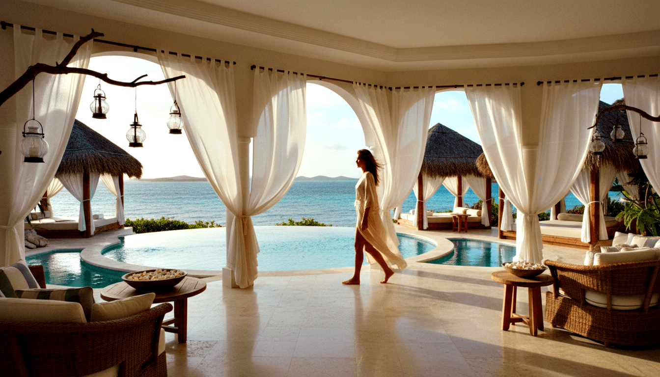 Barefoot woman in white robe walking toward turquoise infinity pool, with wicker chairs, hanging lanterns, and thatched cabanas beyond.