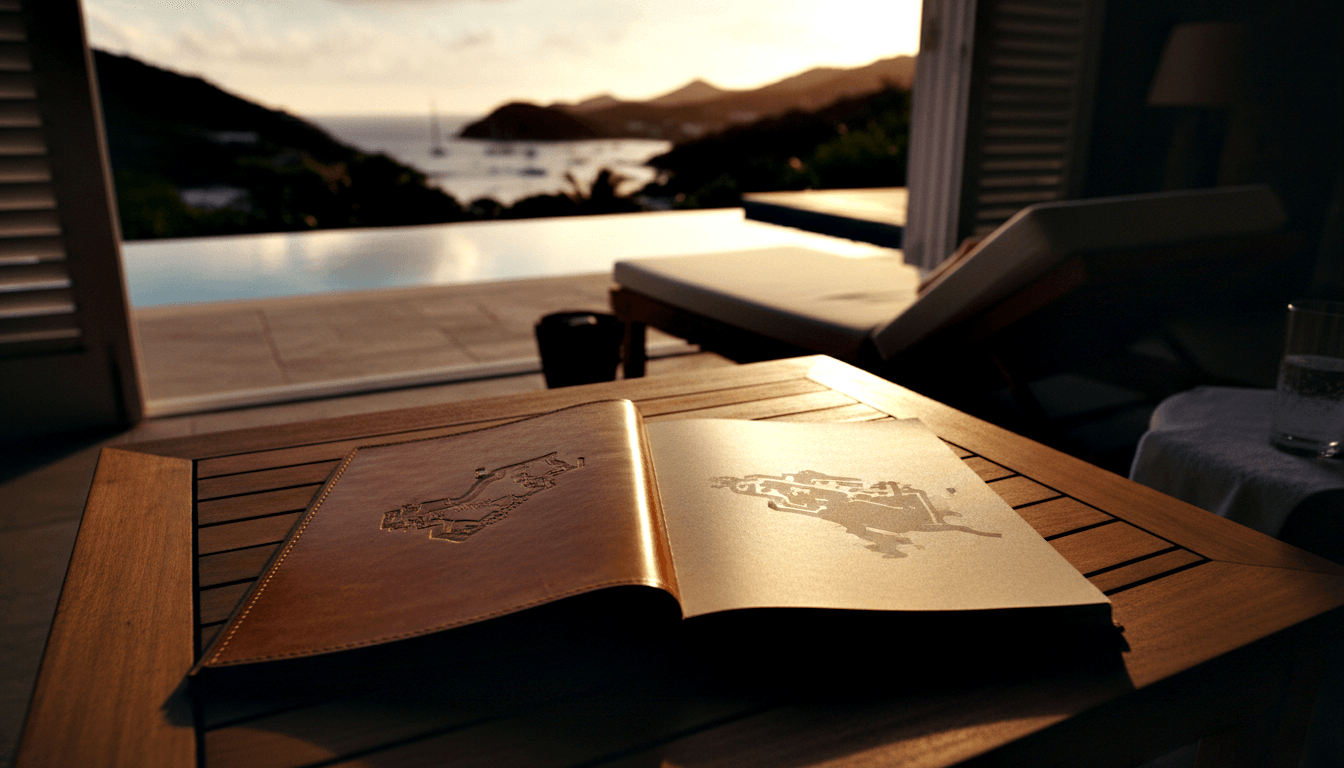Open amber leather portfolio with embossed island map on teak table, backlit by sunset, infinity pool and sailboat bay beyond.