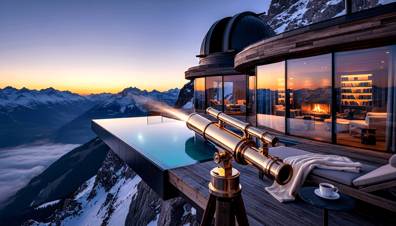 CGI mountain terrace at twilight: brass telescope, turquoise infinity pool over cliff, fireplace behind glass, observatory dome.