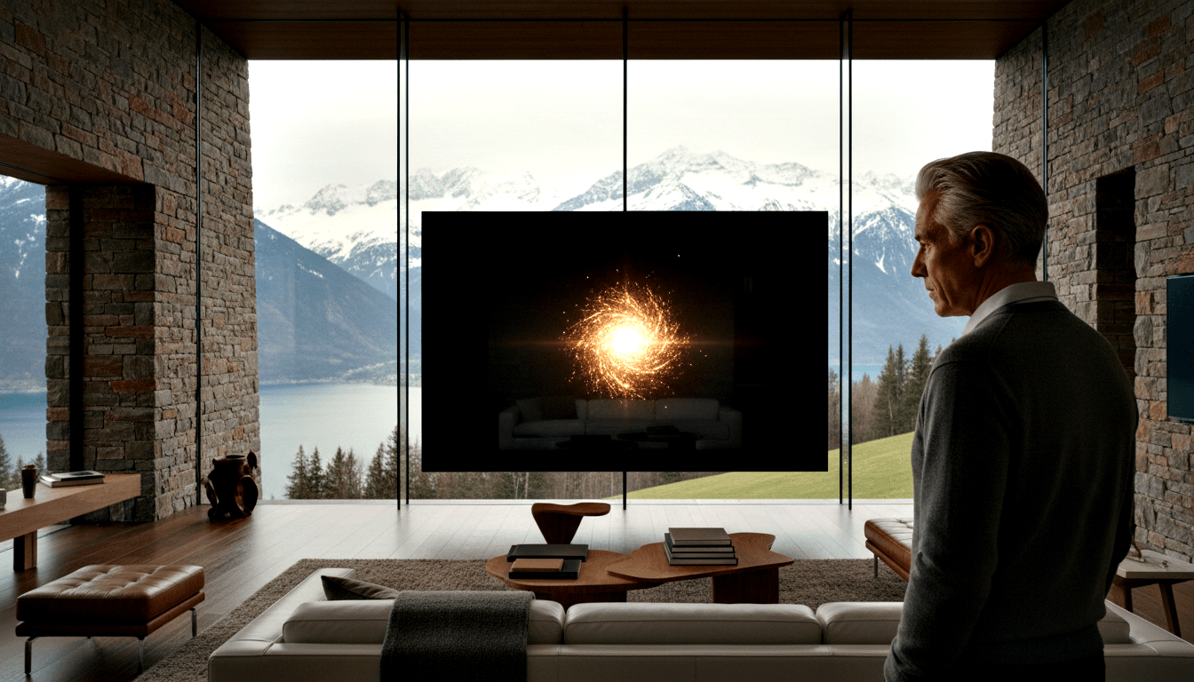 Silver-haired man in dark cardigan stands in profile gazing at wall-mounted TV showing amber spiral, with mountain lake views beyond.
