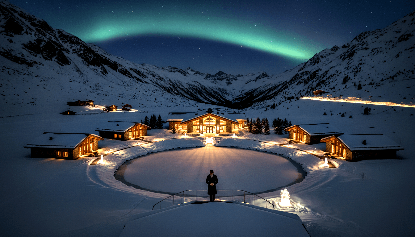 Person at glass railing overlooking snow-covered alpine resort with lit circular ice rink, timber chalets, and pale green aurora in navy sky.