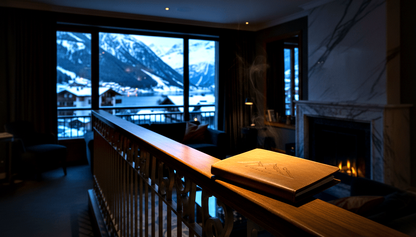 Leather-bound portfolio with embossed mountain motif on dark wooden railing, fireplace and snow-covered alpine village visible behind.