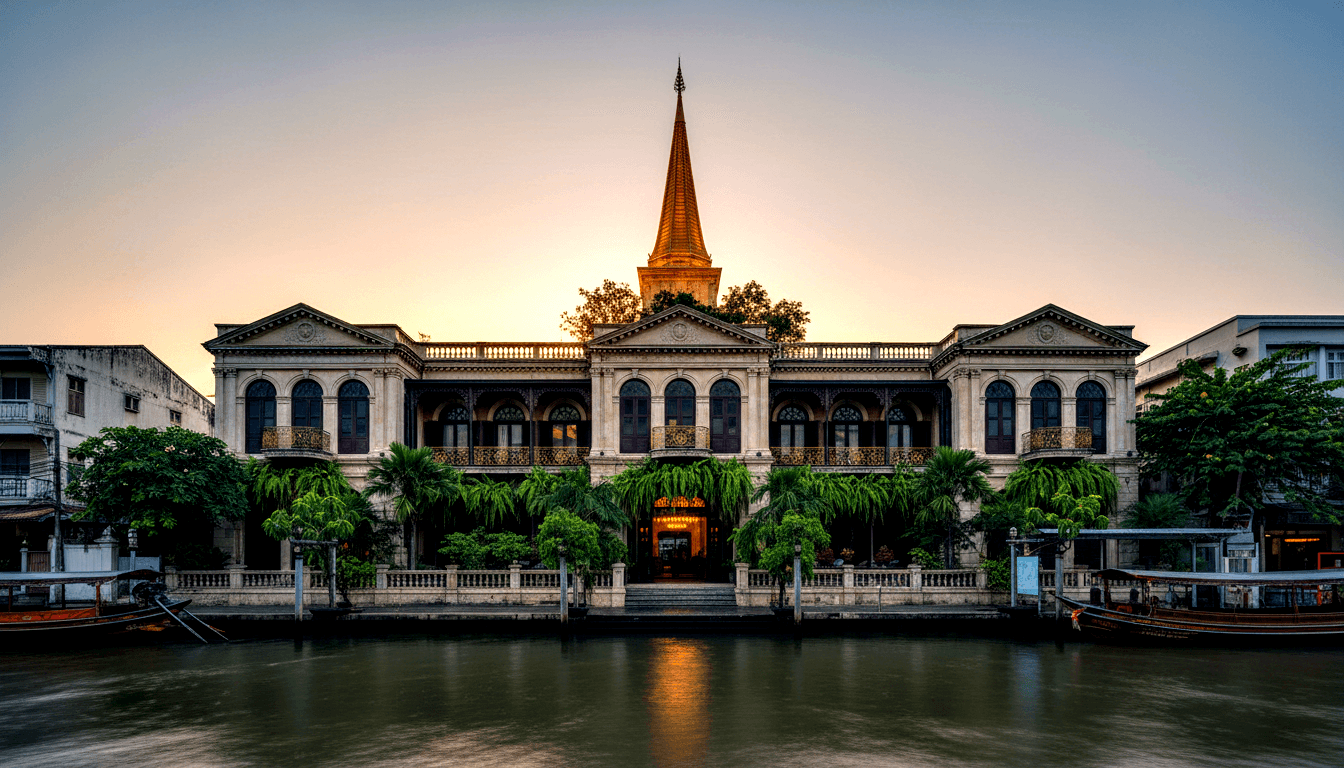Symmetrical 2-story cream stone neoclassical building with arched windows and ironwork balconies on a calm waterway at golden hour.