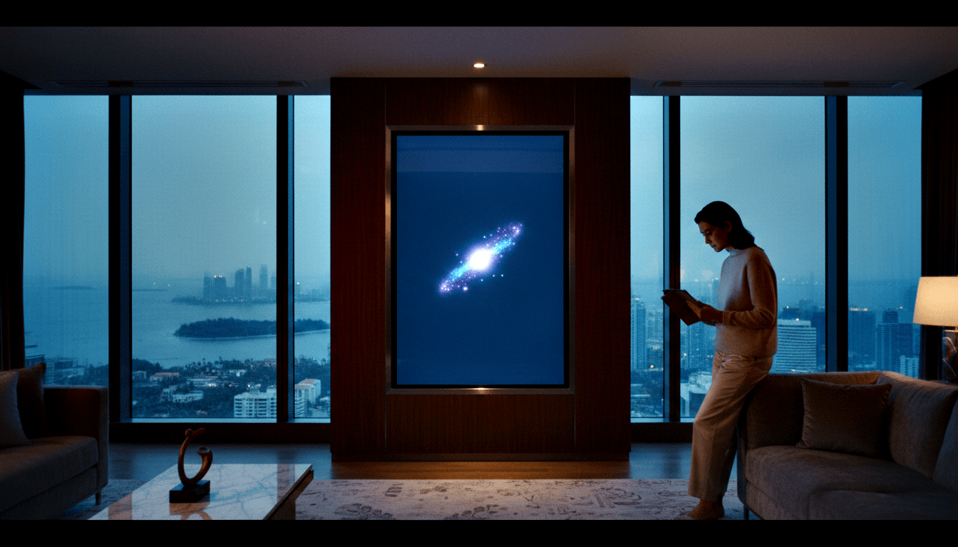 Woman in cream trousers looks down at a handheld device in a dim high-rise interior with a cosmic nebula screen and city skyline behind her.