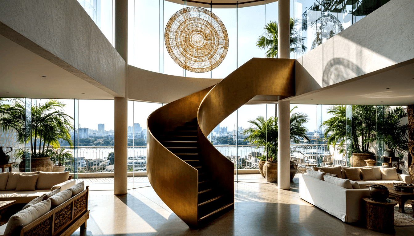 Brass cantilevered spiral staircase in double-height interior with circular gold medallion, cream sofas, palms, and floor-to-ceiling glass walls.