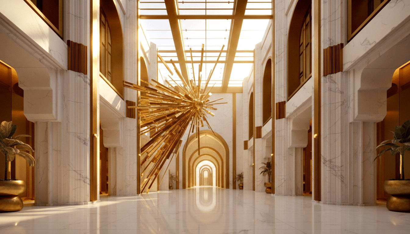 Symmetrical marble corridor with arched doorways receding to a glowing vanishing point, gold sputnik sculpture, tropical plants, and skylight.