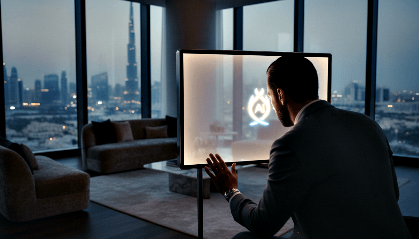 Man in dark suit seen from behind extending hand toward a glowing semi-transparent rectangular screen on a slim stand, nighttime skyline beyond.
