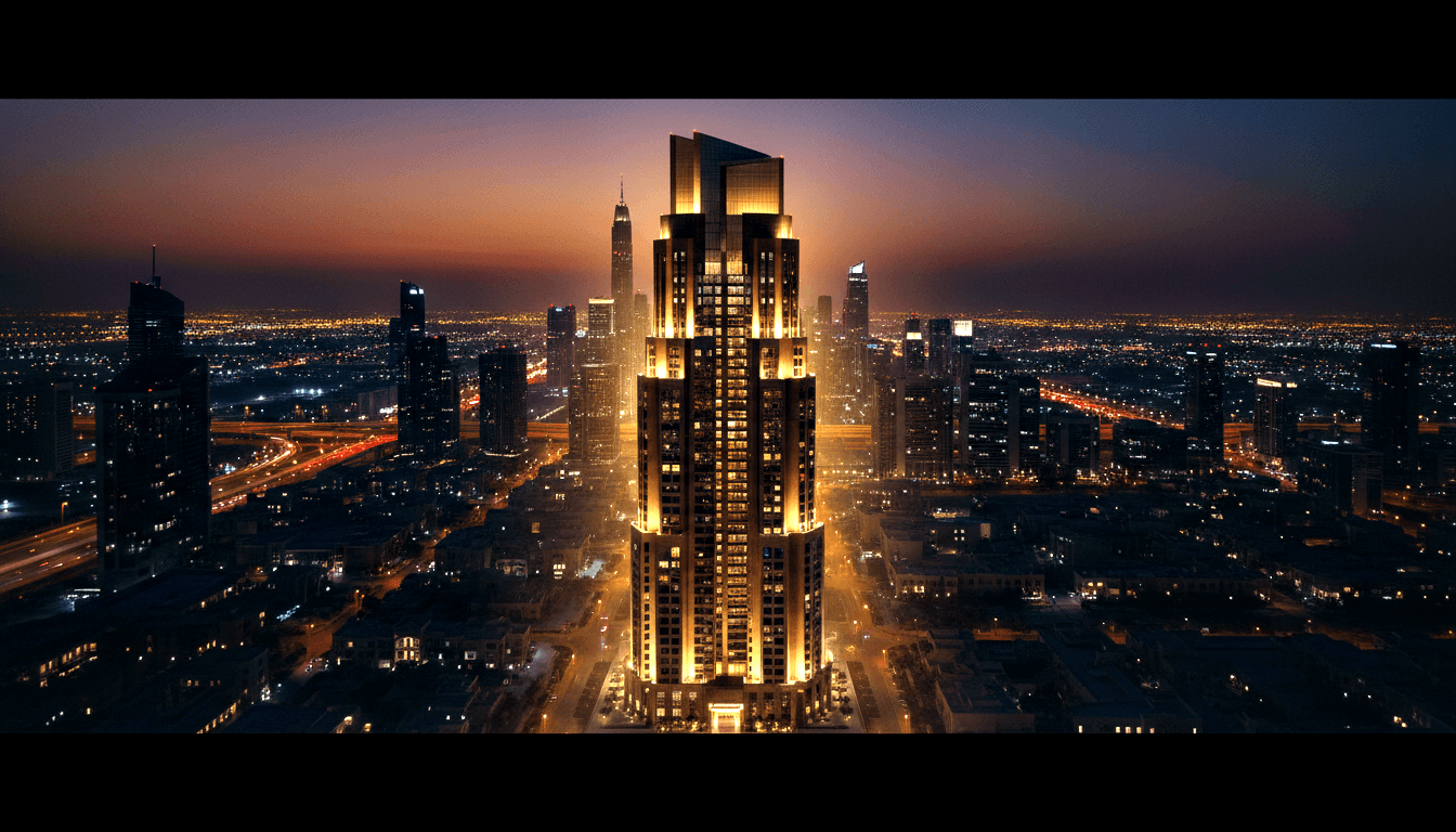 Tall tiered Art Deco skyscraper glowing golden at its center amid dark silhouetted high-rises under a dusk sky with highway light trails.