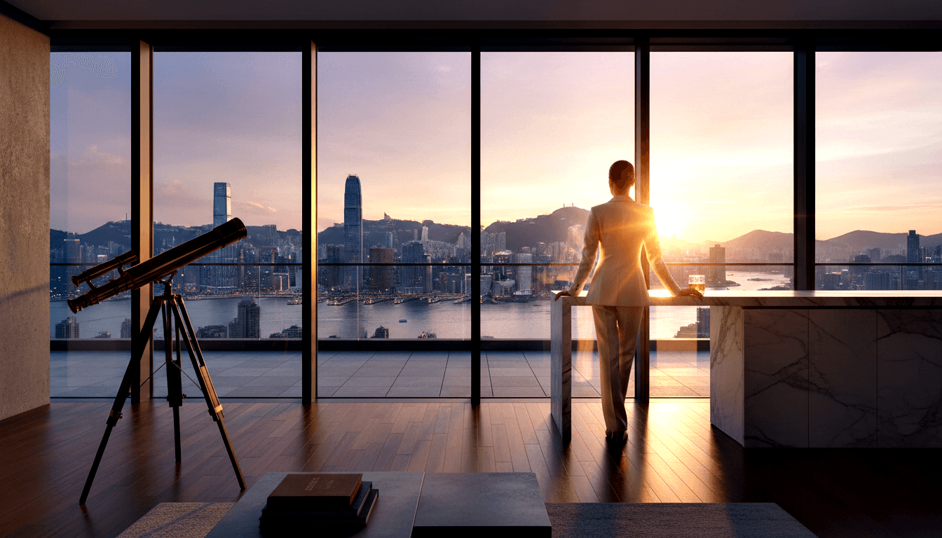 Man in cream suit, back turned, holds amber drink gazing at harbor skyline with mountains through tall windows at golden-hour.