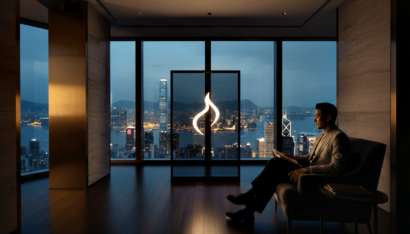 East Asian man in grey suit sits in modern chair gazing at a transparent panel with flame-shaped neon; night harbor skyline behind.