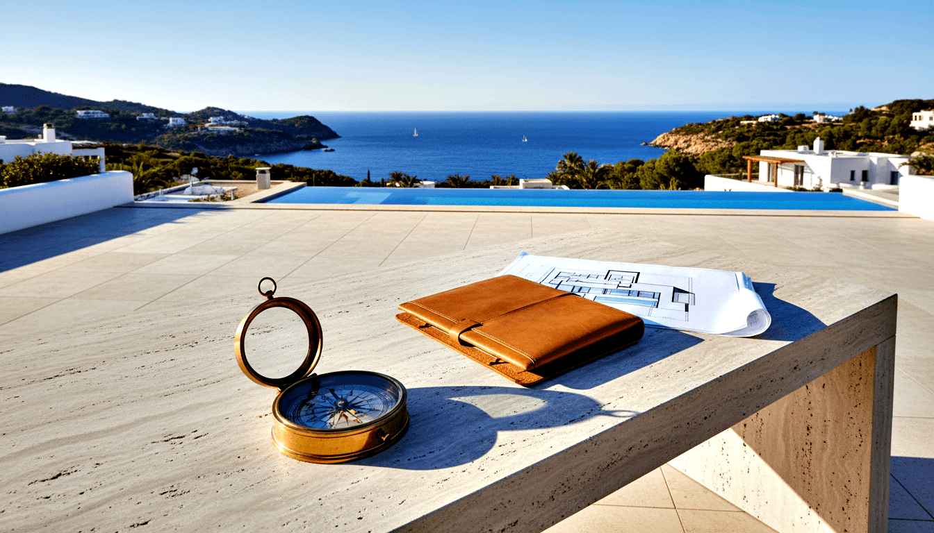 Brass compass and leather portfolio beside floor plans on travertine ledge; infinity pool meets cobalt sea with sailboats beyond.