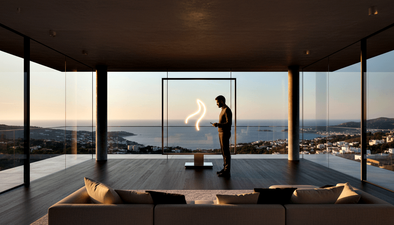 Man with handheld device beside transparent pedestal display; coastal bay and hills seen through glass walls at dusk.
