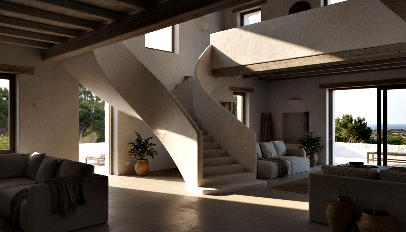 CGI interior: sculptural double-flight staircase, curved plaster balustrades, dark wooden beams, cream walls, glass doors to greenery.