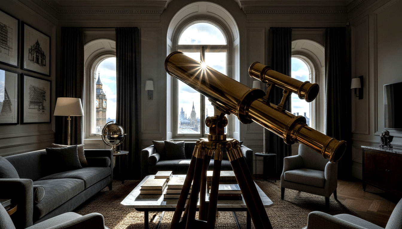 Ornate brass double-barreled telescope on wooden tripod by arched windows, sunlight starburst flare, urban skyline outside.
