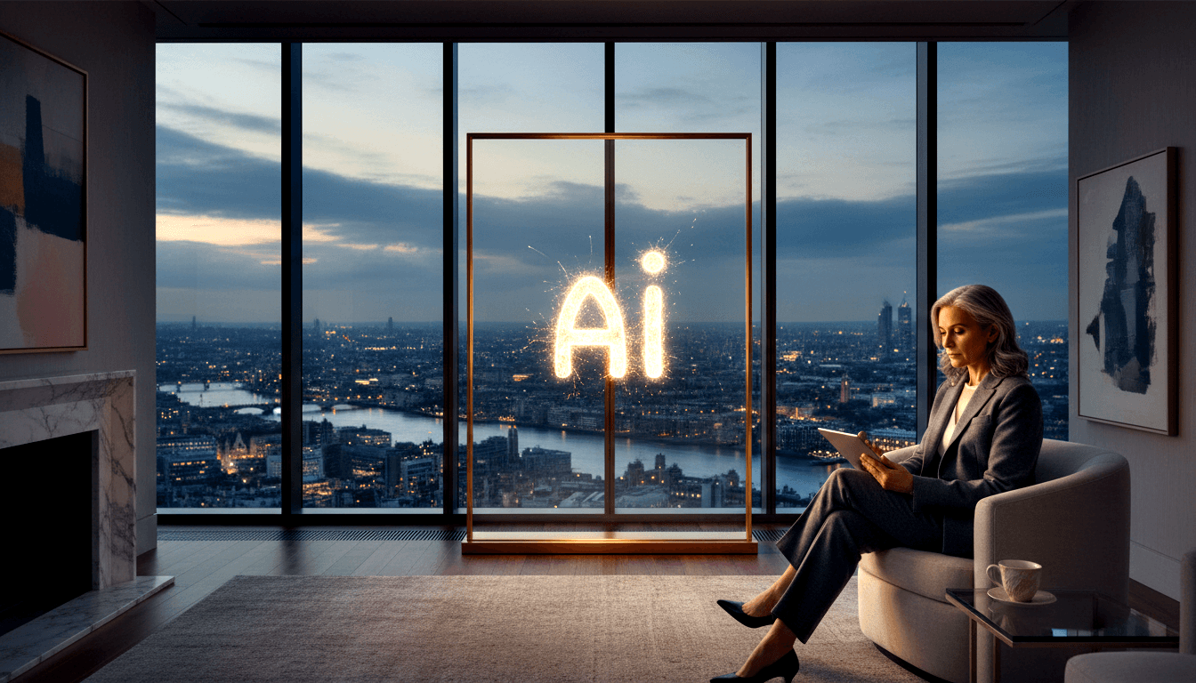 Woman in grey suit holds tablet in armchair; gold-framed display glows 'Ai'; twilight cityscape through windows.