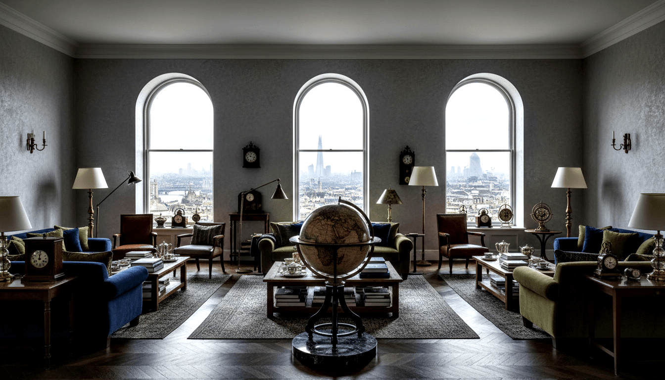 Sitting room centered on antique globe, navy/green velvet sofas, cognac armchairs, arched windows with city skyline view.