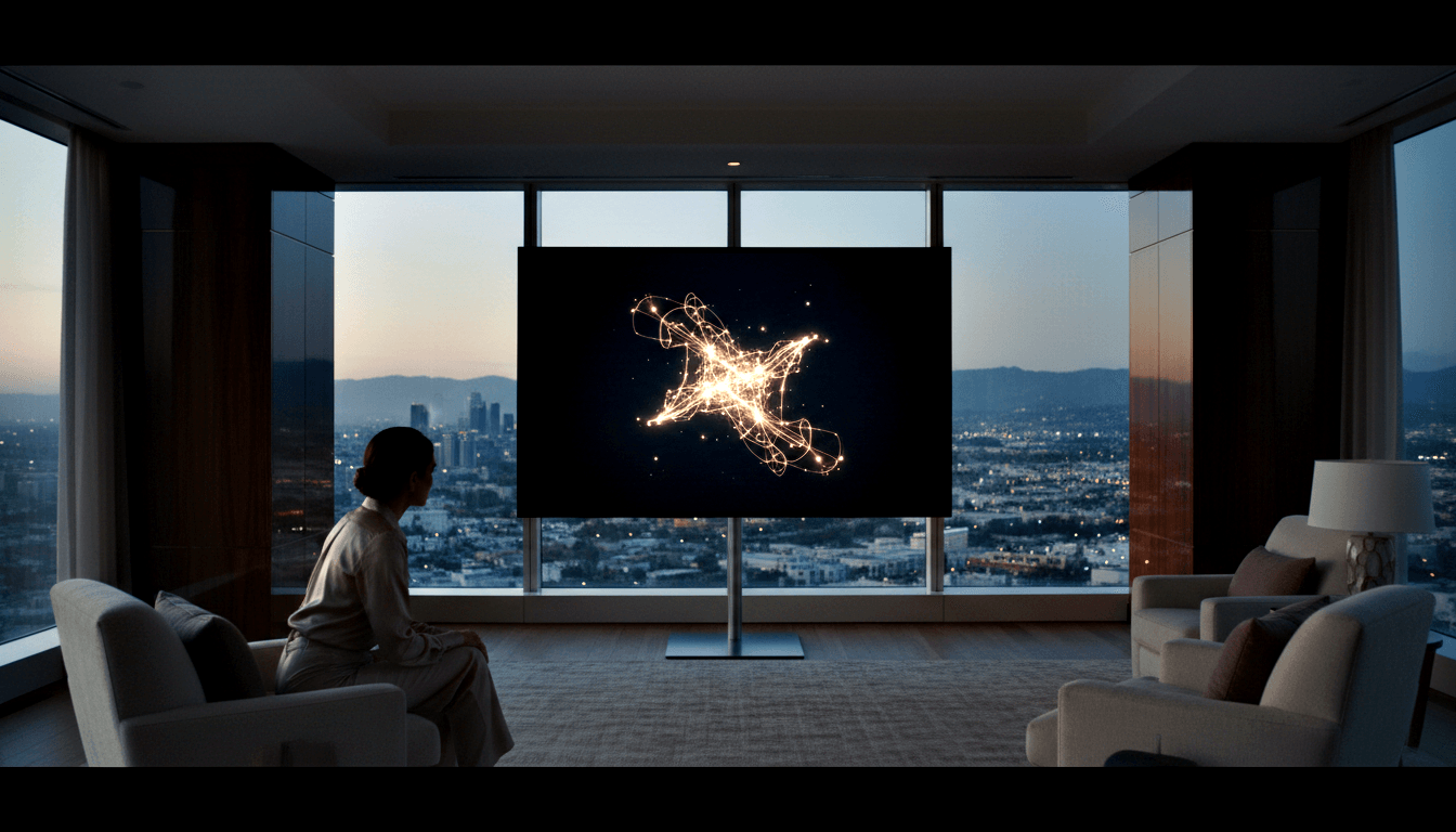 Person in beige armchair facing TV showing amber node visualization; floor-to-ceiling windows reveal twilight cityscape and mountains.