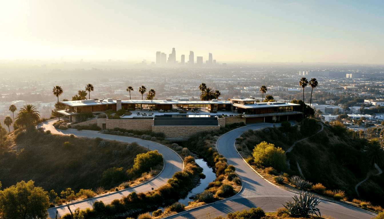 Hilltop compound with flat roofs, glass, wood, and stone, centered on a dark rectangular pool, surrounded by palms and drought-tolerant plants.