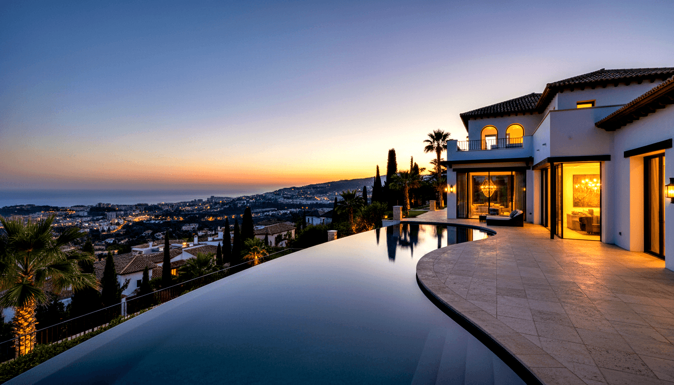 Hillside villa at twilight with curved infinity pool reflecting darkening sky, amber-lit sliding doors, terracotta roof, and coastal town below.