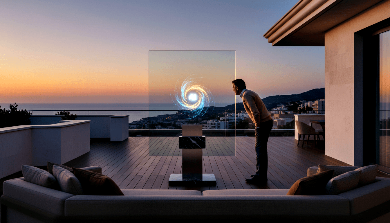 Man in beige sweater inspects a glowing cyan-and-gold spiral vortex on a transparent panel atop a marble pedestal on a rooftop terrace.