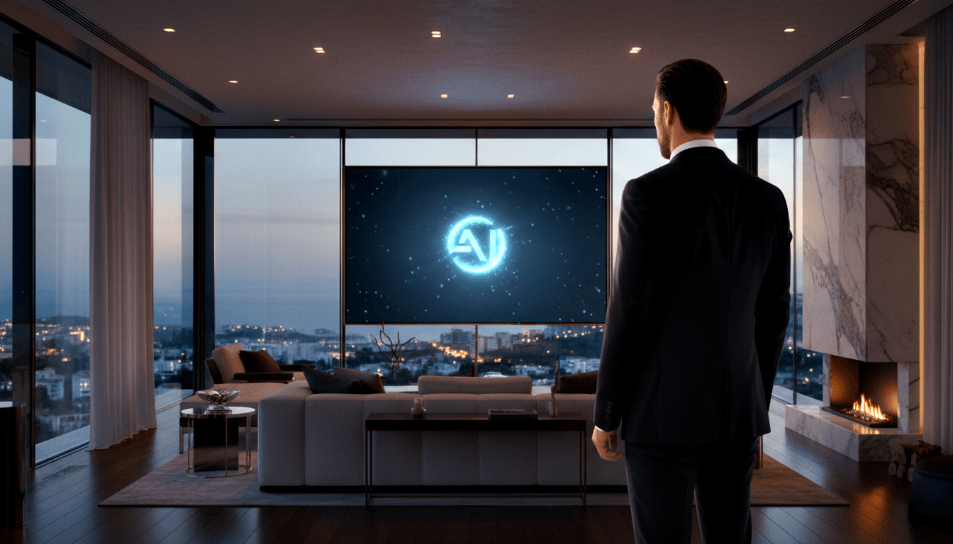 Man in dark navy suit, back to viewer, faces a wall-mounted screen with glowing cyan circular emblem in a high-floor CGI living space.