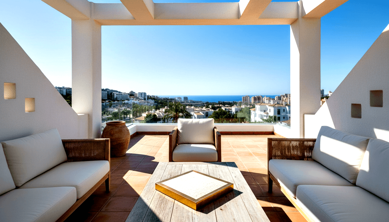 Rooftop terrace with cream-cushioned wooden furniture, gold-trimmed coffee table, terracotta tiles, and coastal sea view.