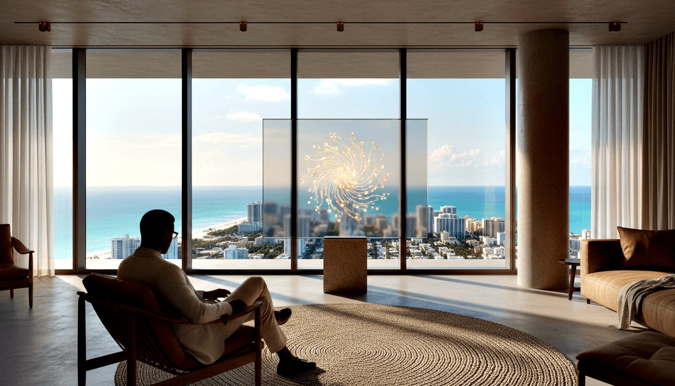 Man in pale jacket and glasses sits cross-legged in wooden chair facing a glowing golden spiral on a transparent panel, coastal view behind.